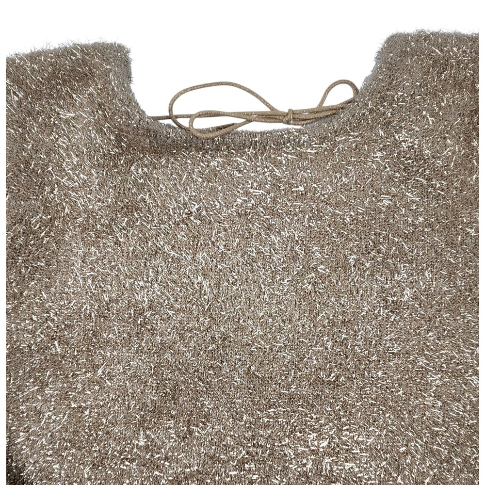 By Anthropologie Eyelash Pullover Sweater M Gold Metallic Tinsel Scoop Back Tie - Picture 8 of 12